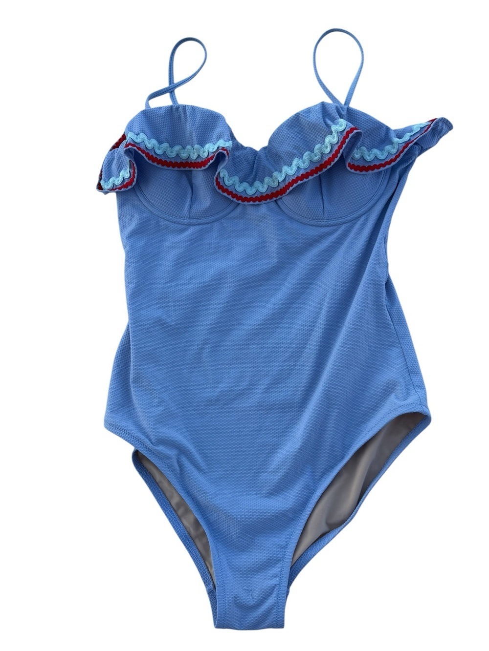 J.Crew Ruffle One Piece Swimsuit Size 8 Blue Ric Rac Trim Underwire - Picture 2 of 13